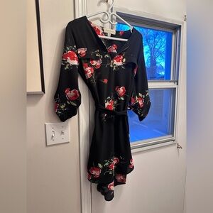 Elegant Black and Red Floral Long Sleeve Dress
